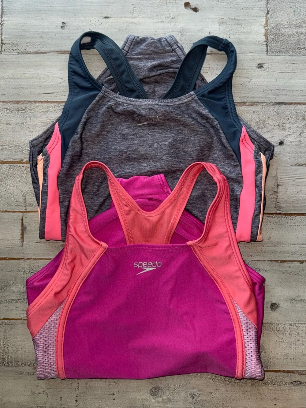 2 Speedo 1pc swimsuits girls 8-10 yr orange & pink , grey w black/orange VGUC